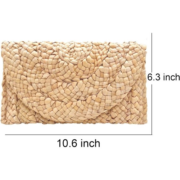Women Khaki Woven Straw Beach Handbag Envelope Clutch Rattan Clutch - Picture 6 of 6